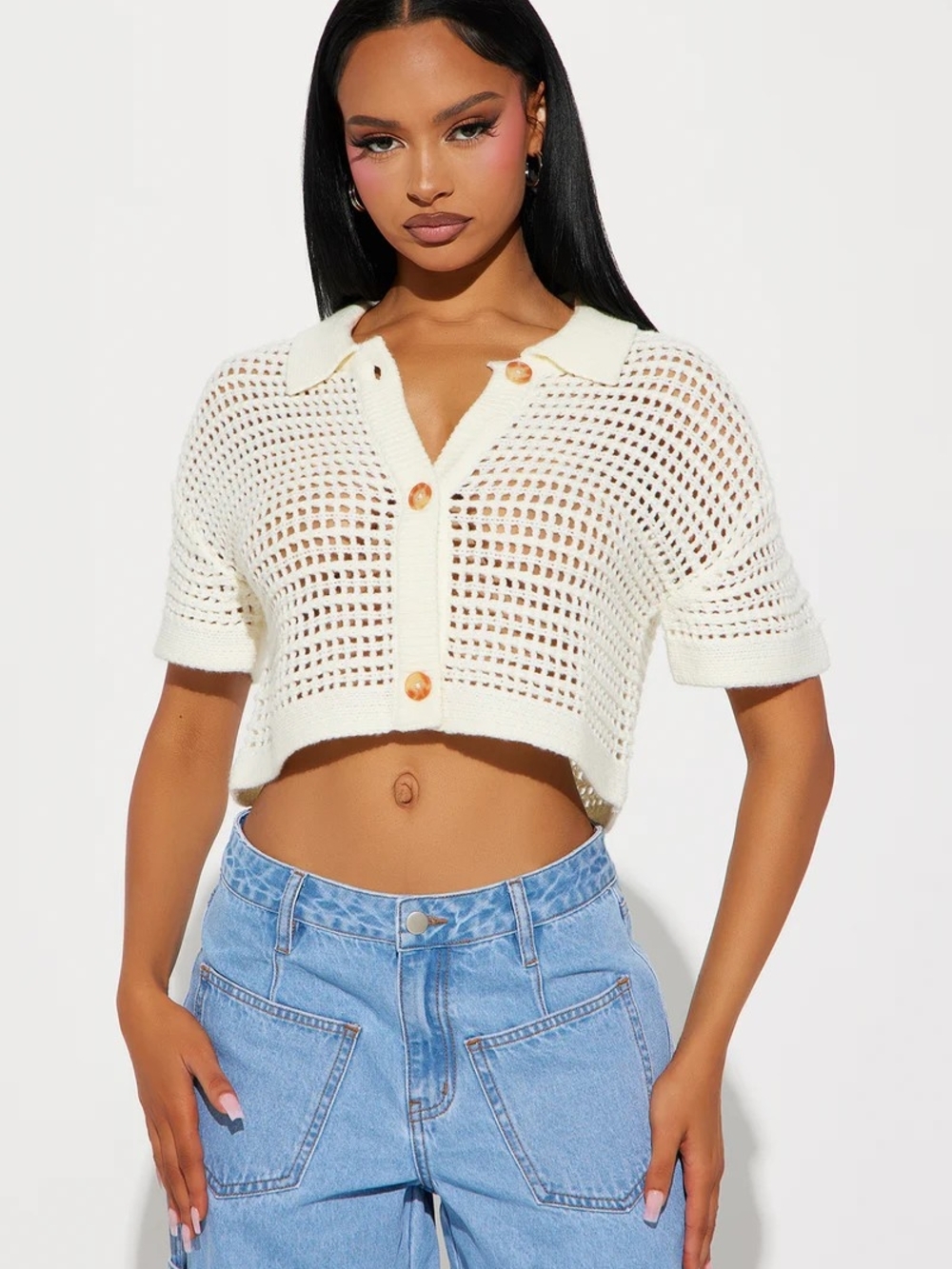 Fashion Nova Cream Crochet Knit Crop Polo Top